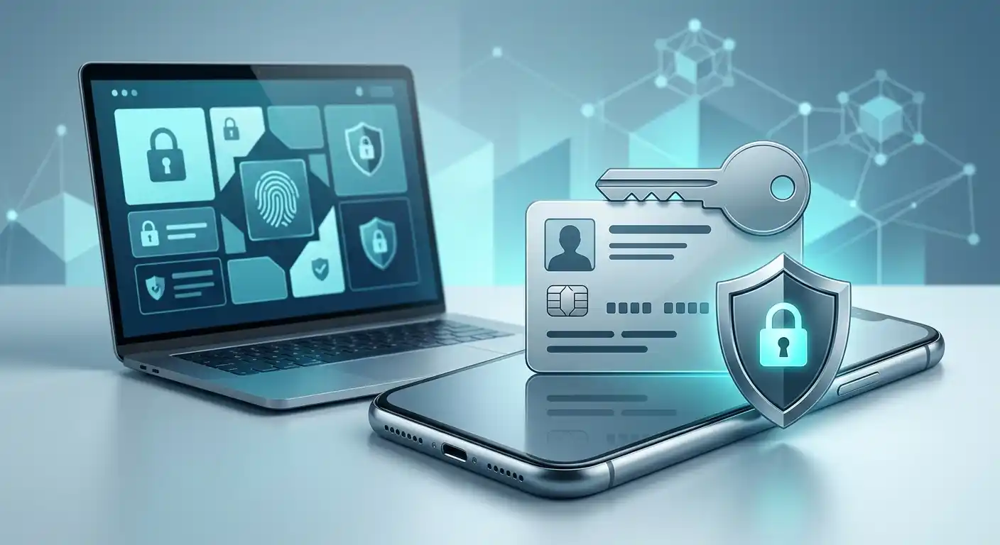Secure account credentials represented by a device, key symbols, and protected access layers