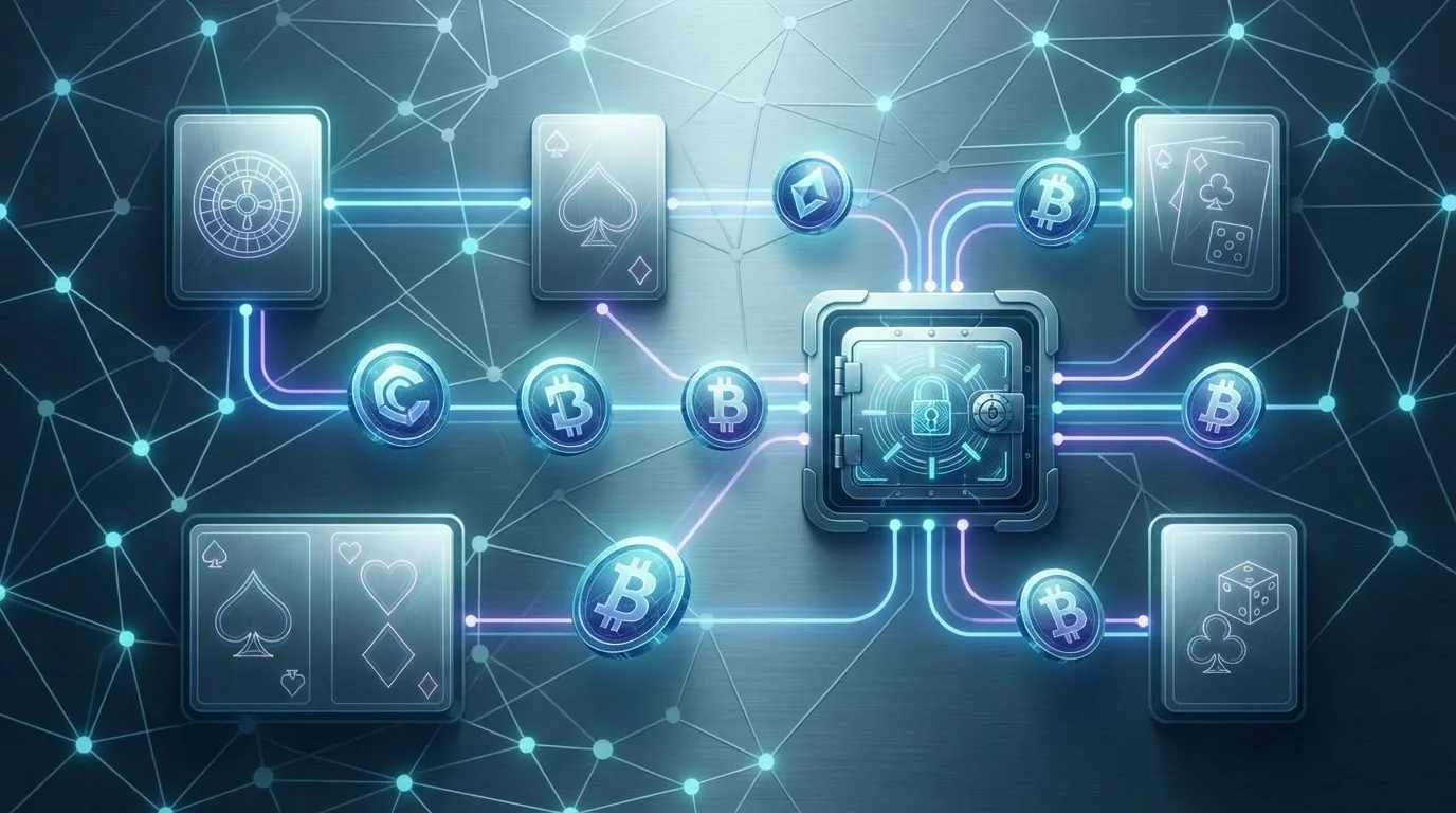 Abstract crypto casino scene with digital tokens, game tiles, and network paths