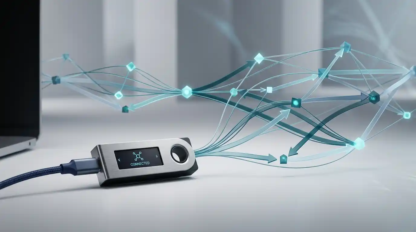 Crypto wallet connected to several blockchain network paths