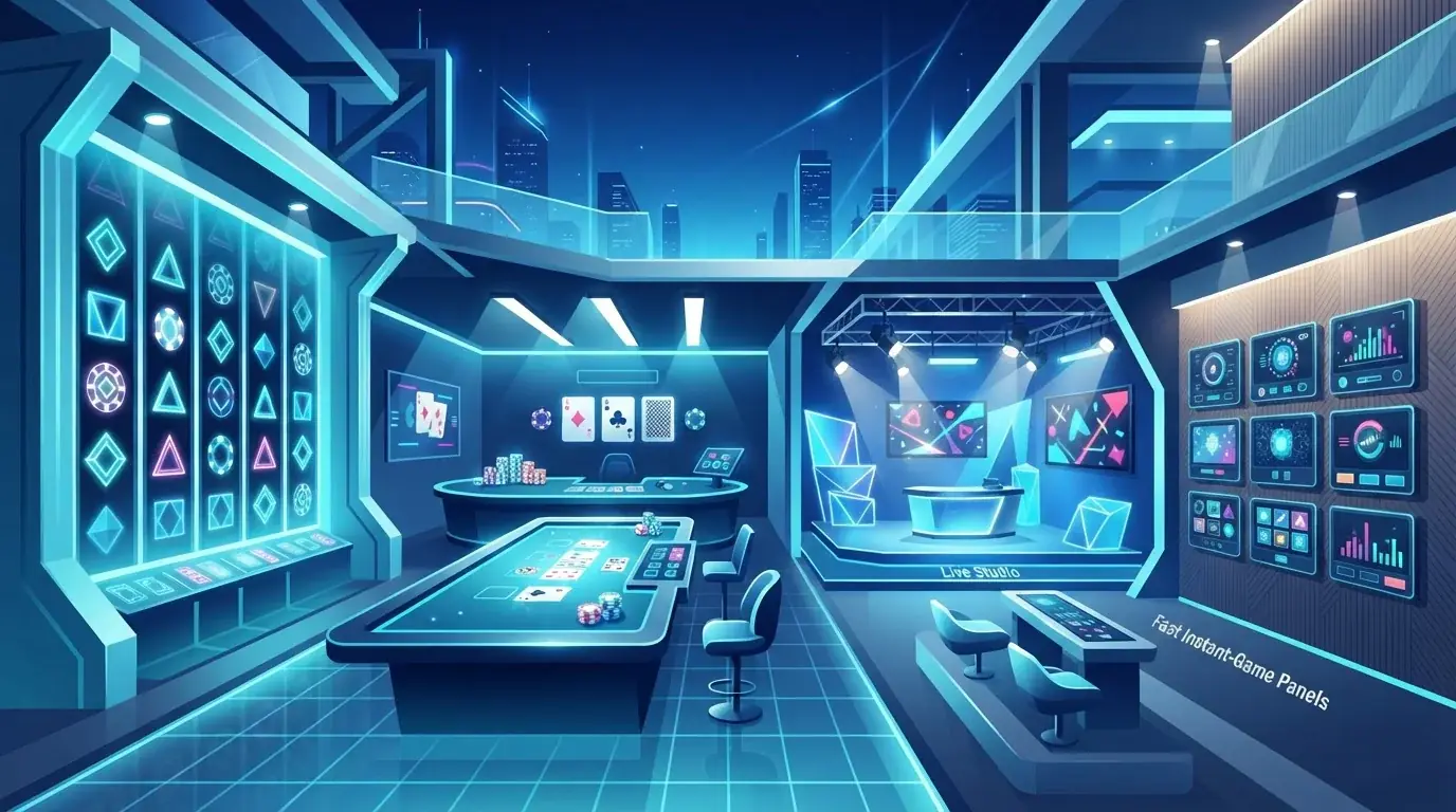 Abstract casino game lobby arranged into slots, tables, live and instant game zones