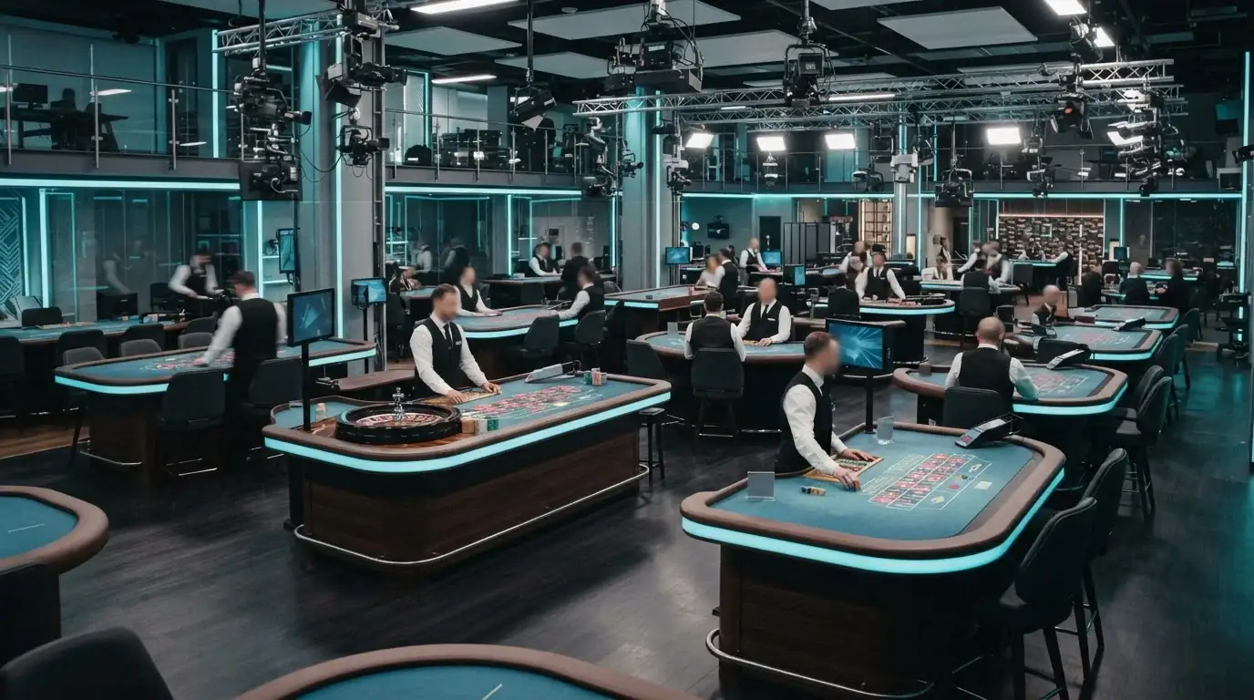 Live casino studio with illuminated tables, cameras and dealer stations viewed from a distance