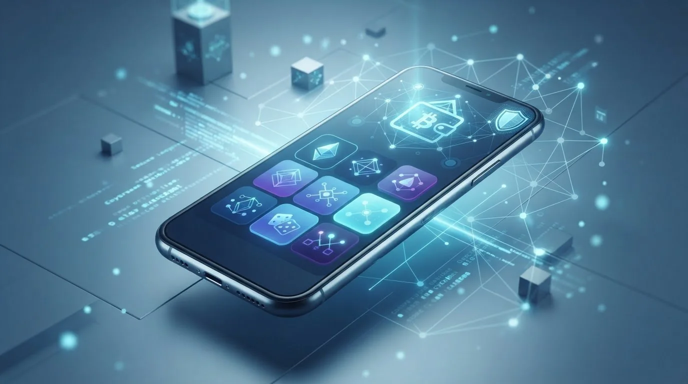 Abstract mobile gambling interface with crypto wallet and network elements on a smartphone