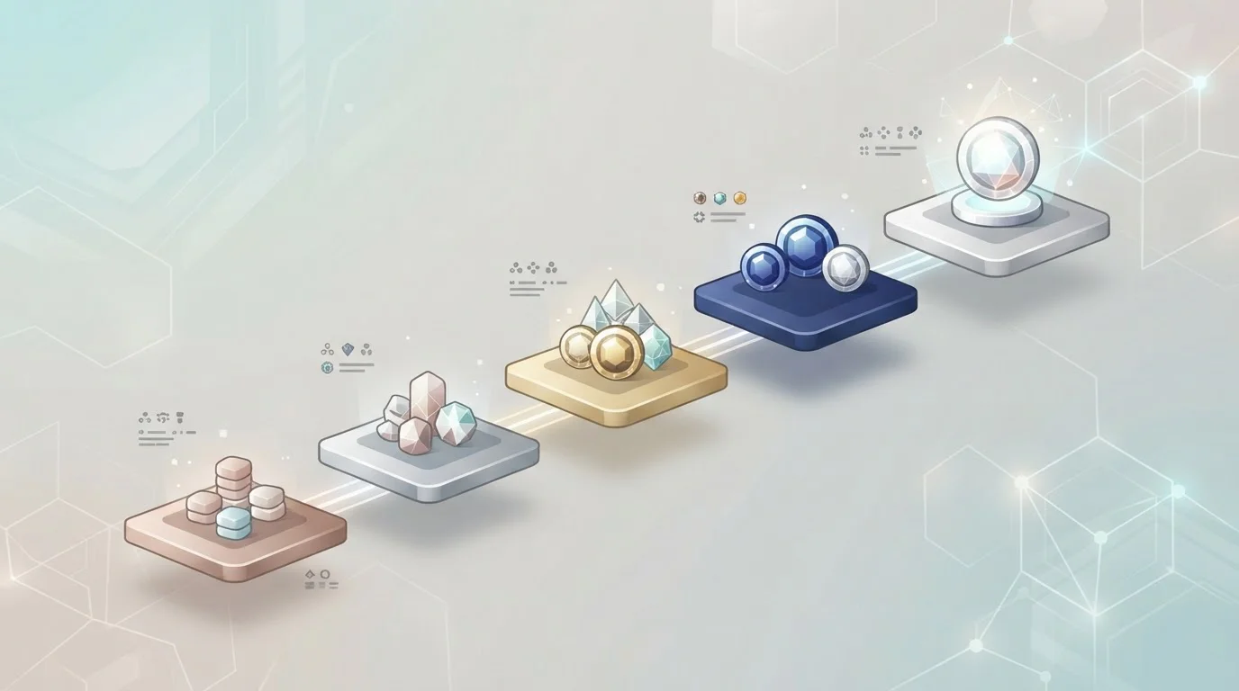 Abstract tiered loyalty structure with token shapes and circular reward markers