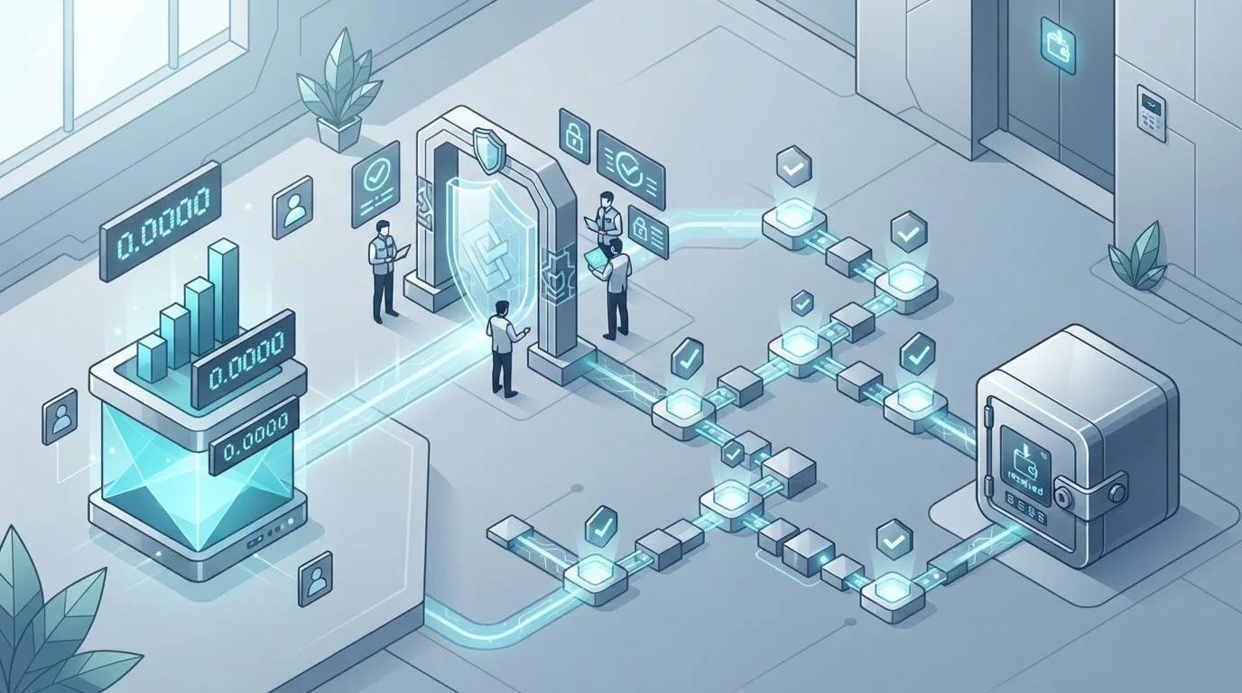 Crypto withdrawal moving from an account balance through a blockchain confirmation path to a wallet