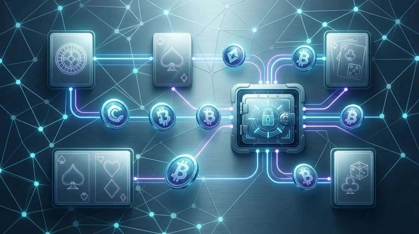 Abstract crypto casino scene with digital tokens, game tiles, and network paths