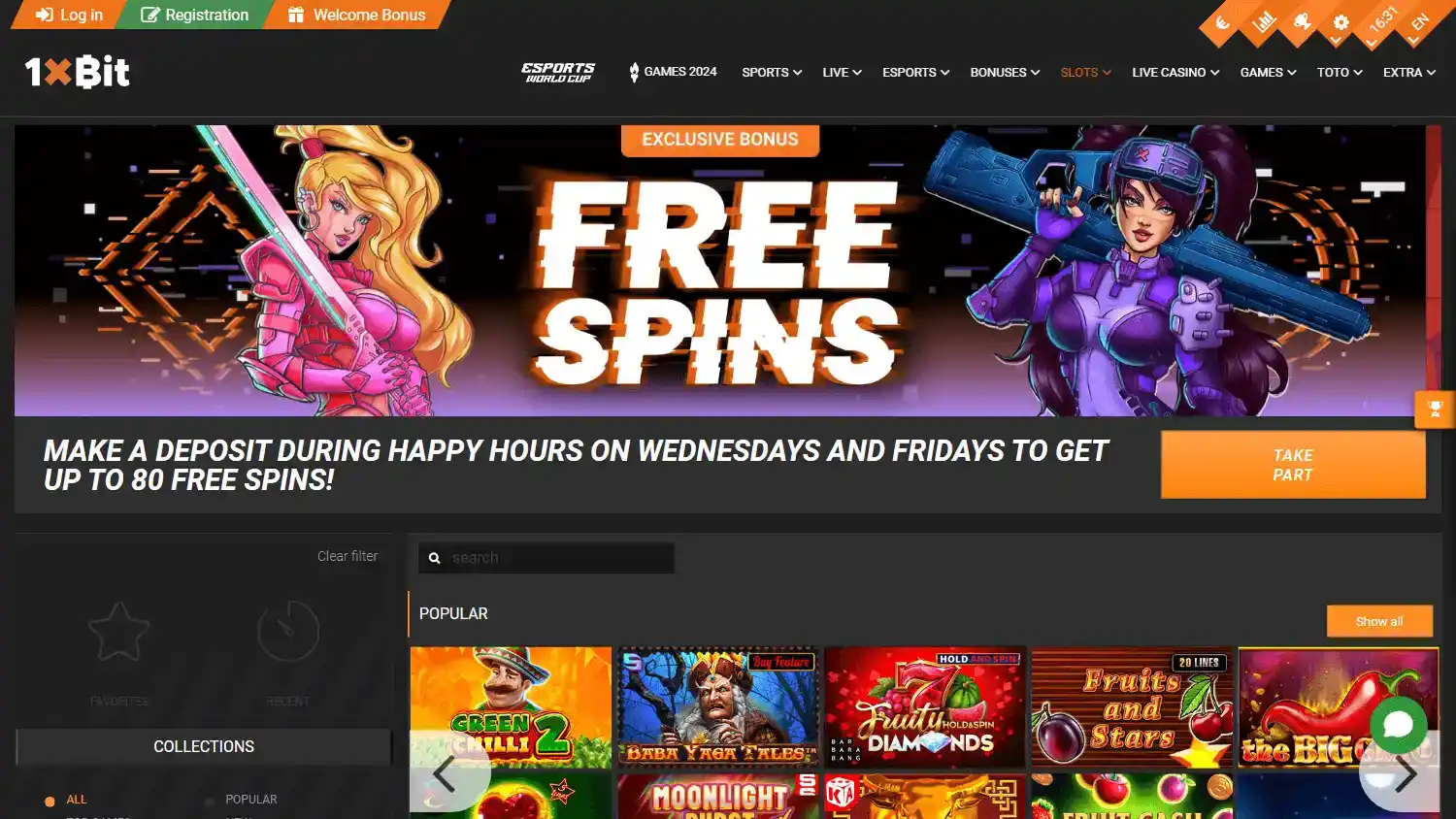 1xBit homepage with casino navigation and crypto-focused layout